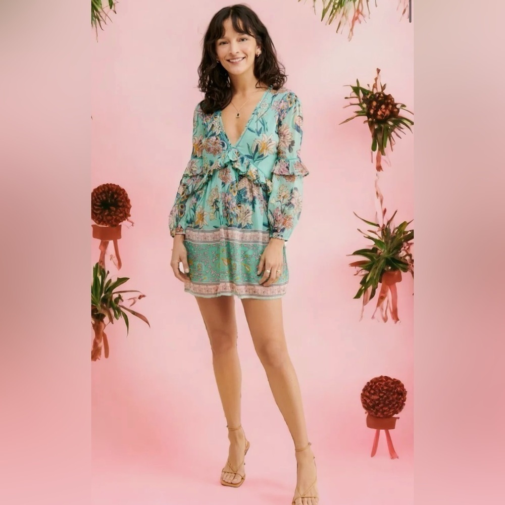 NWT Raga Botanic Enchantment Floral Metallic Turquoise Open Back Mini Dress